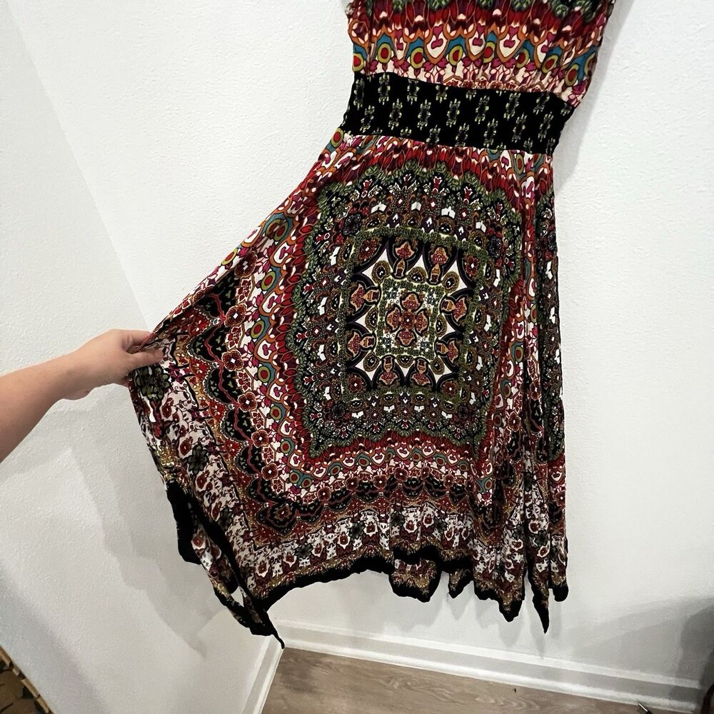 Bila Maxi Dress Sz S V-Neck Geometric Print Boho Gypsy Hanky Hem Asymmetrical - Picture 6 of 8